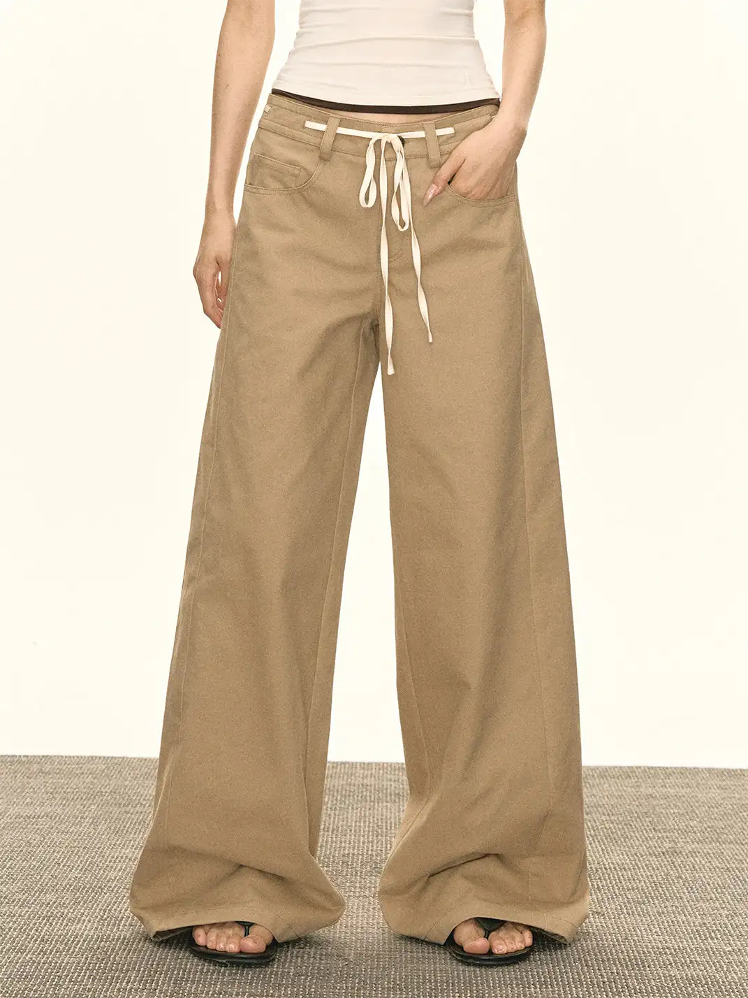 ARISEISM | Khaki Wide-Leg Casual Pants With Drawstring