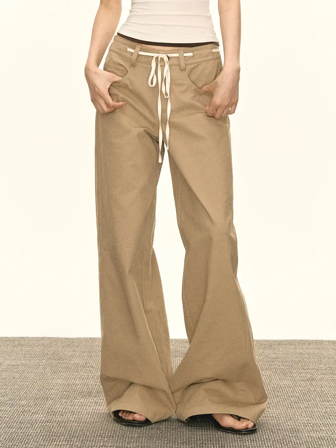 ARISEISM | Khaki Wide-Leg Casual Pants With Drawstring