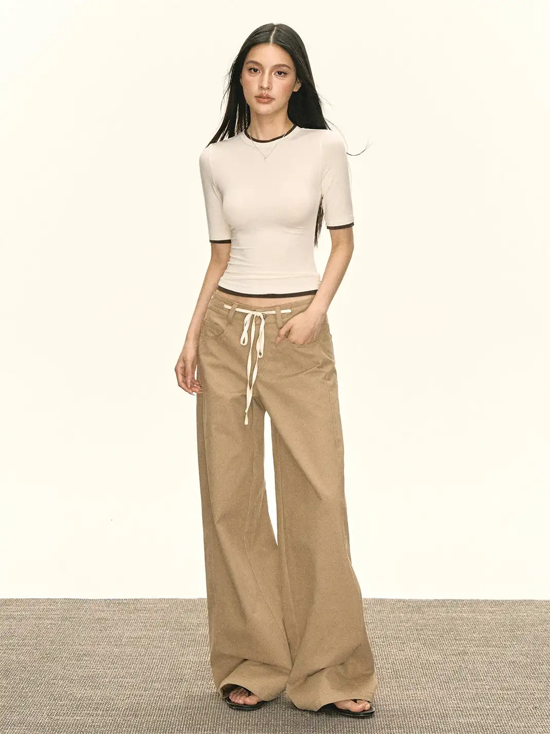 ARISEISM | Khaki Wide-Leg Casual Pants With Drawstring