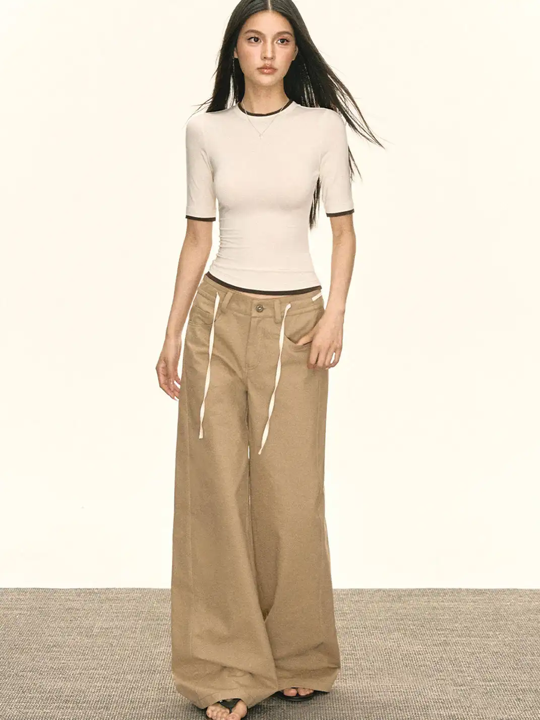 ARISEISM | Khaki Wide-Leg Casual Pants With Drawstring