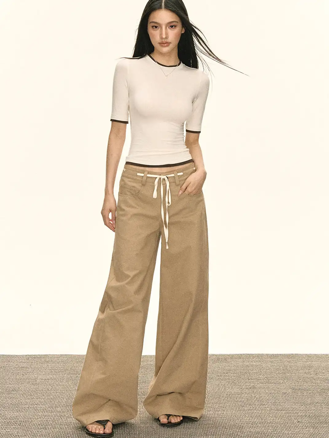 ARISEISM | Khaki Wide-Leg Casual Pants With Drawstring