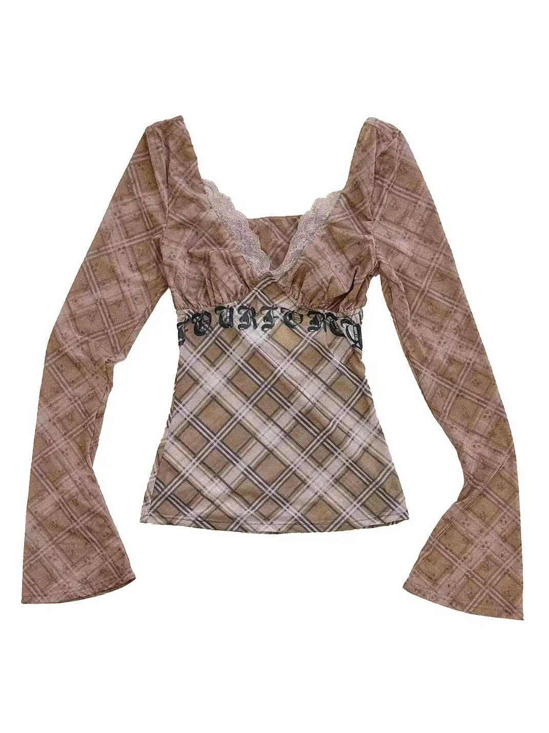 FOURFORTY | Plaid Lace Mesh Long-Sleeved Top