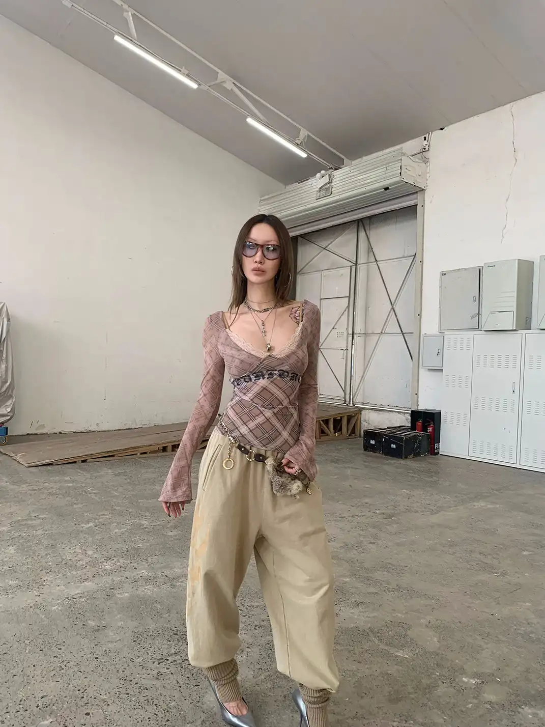 FOURFORTY | Plaid Lace Mesh Long-Sleeved Top