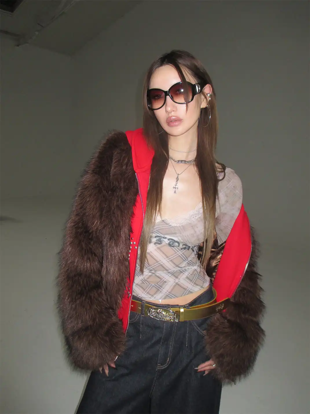 FOURFORTY | Plaid Lace Mesh Long-Sleeved Top