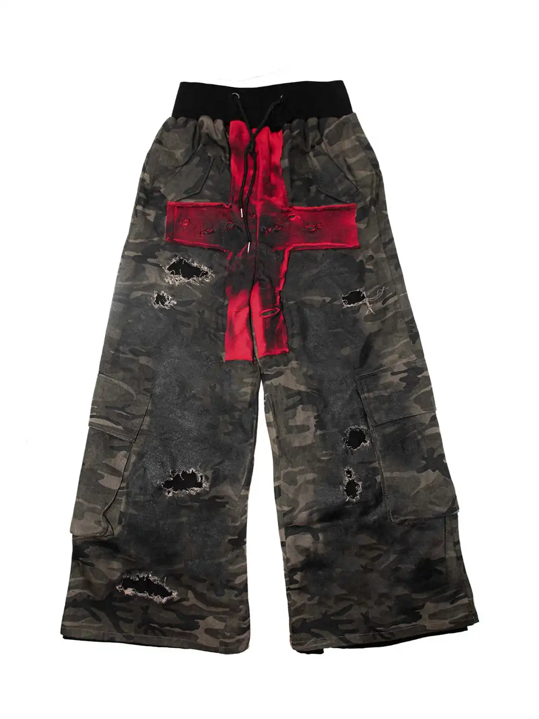 Laukerward | Camouflage Distressed High-waisted Ripped Trousers