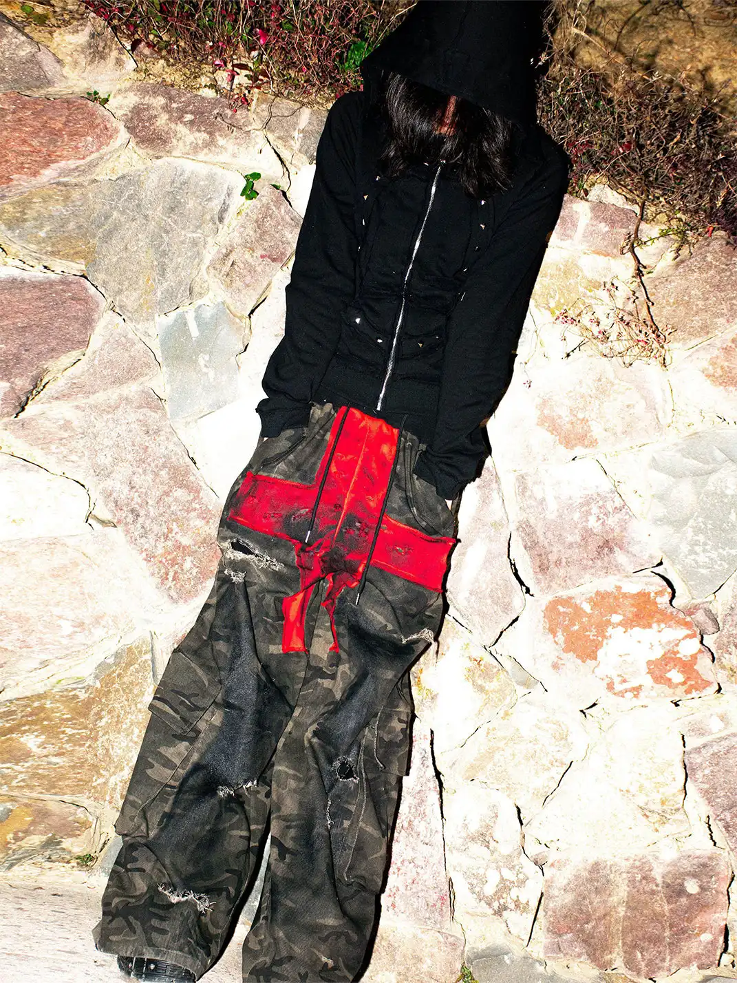 Laukerward | Camouflage Distressed High-waisted Ripped Trousers