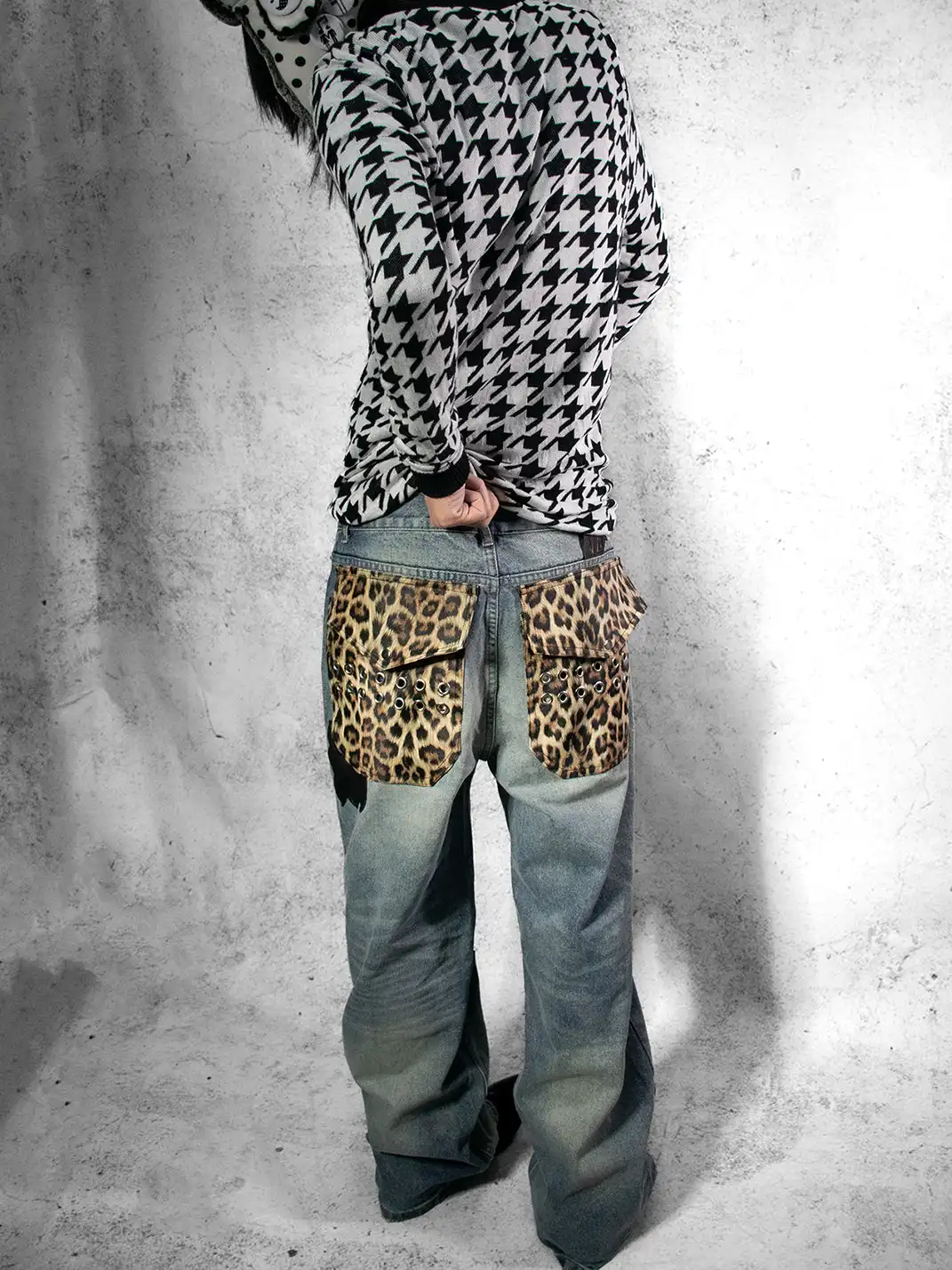 Laukerward | Cross-print Leopard Print Patchwork Jeans