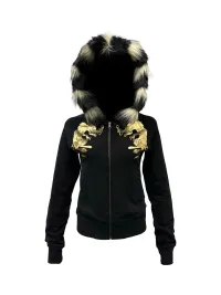 PCCVISION | Gold-Stamped Printed Fur Collar Hooded Sweatshirt