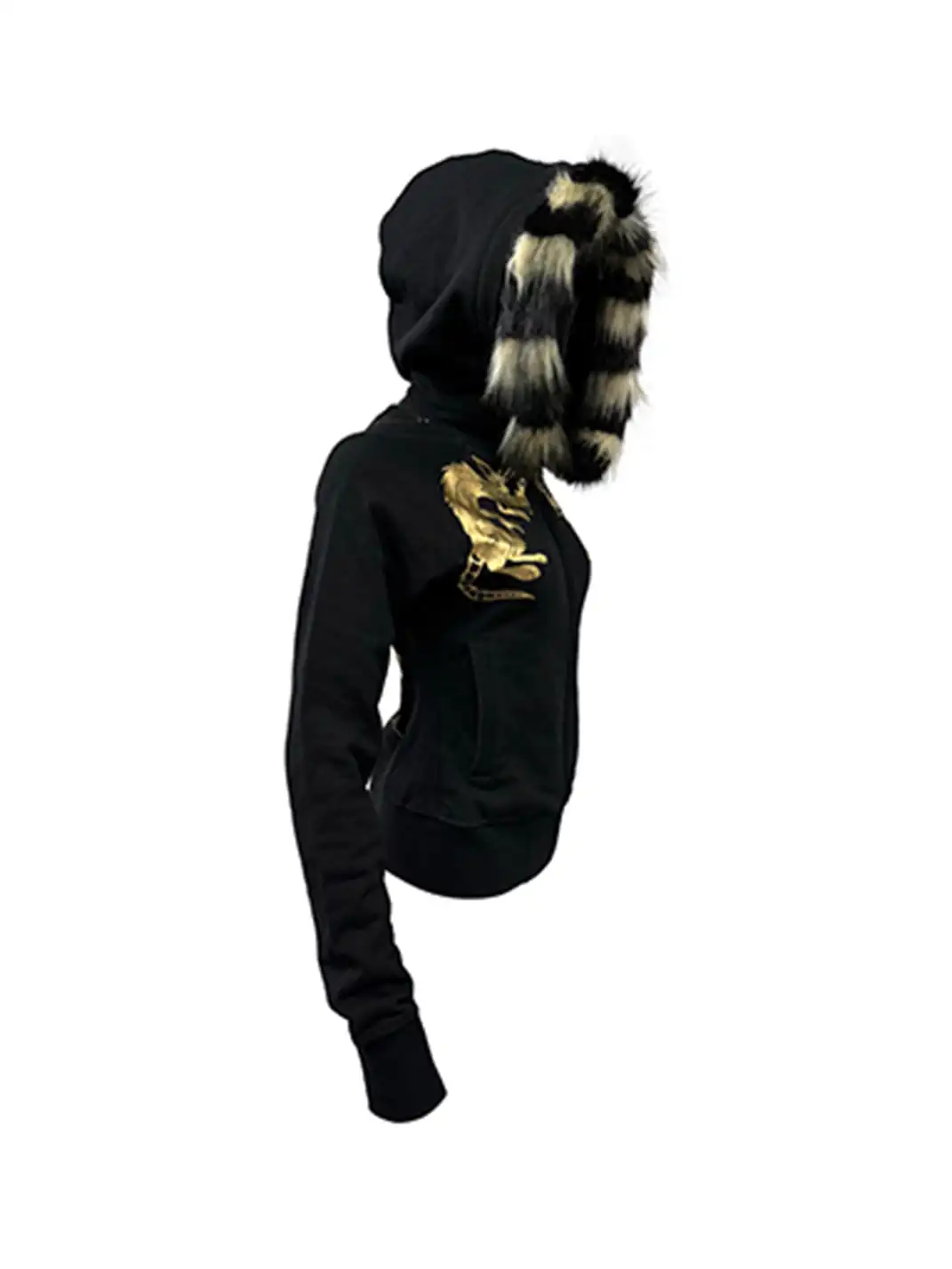 PCCVISION | Gold-Stamped Printed Fur Collar Hooded Sweatshirt