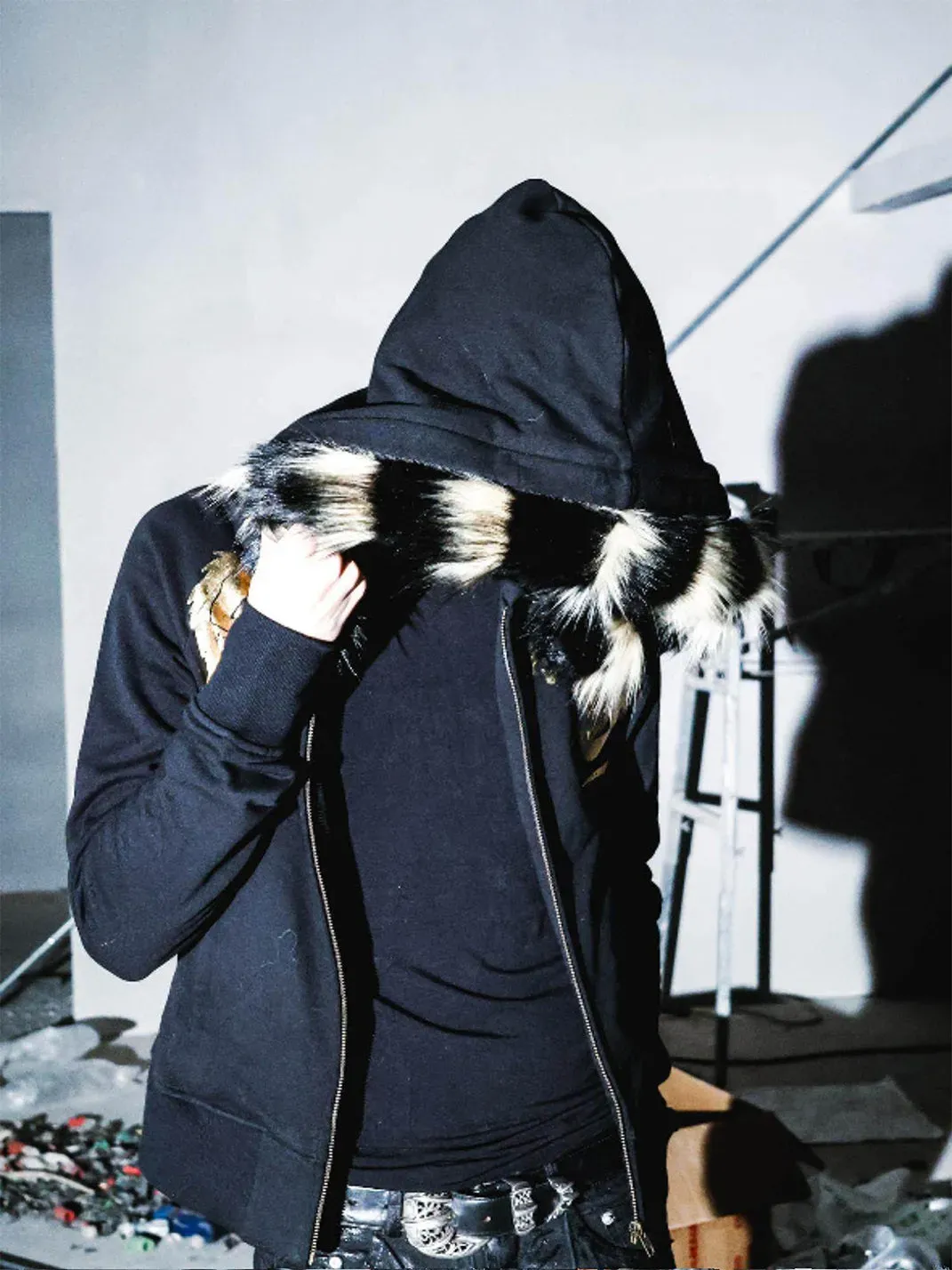 PCCVISION | Gold-Stamped Printed Fur Collar Hooded Sweatshirt