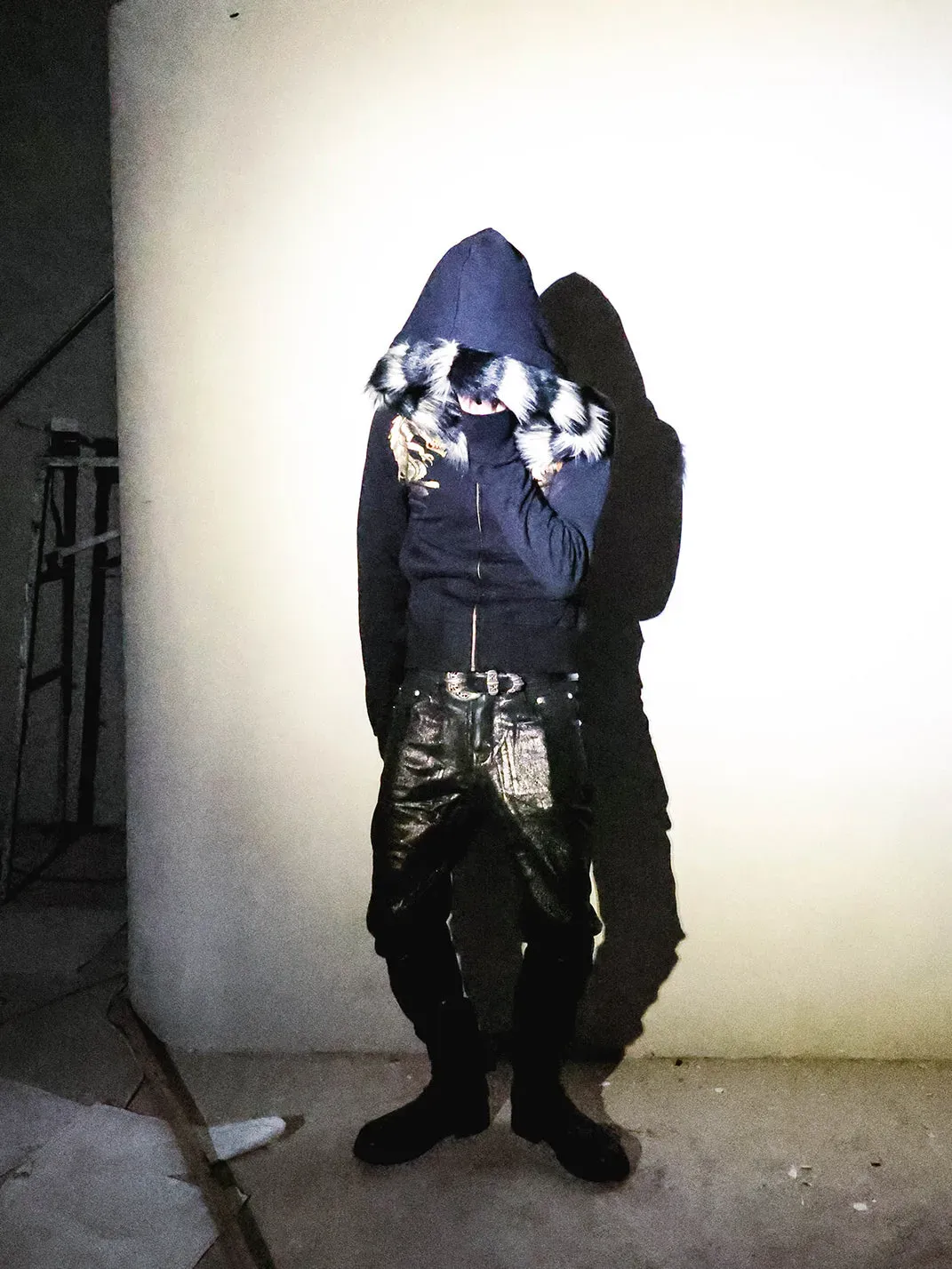 PCCVISION | Gold-Stamped Printed Fur Collar Hooded Sweatshirt