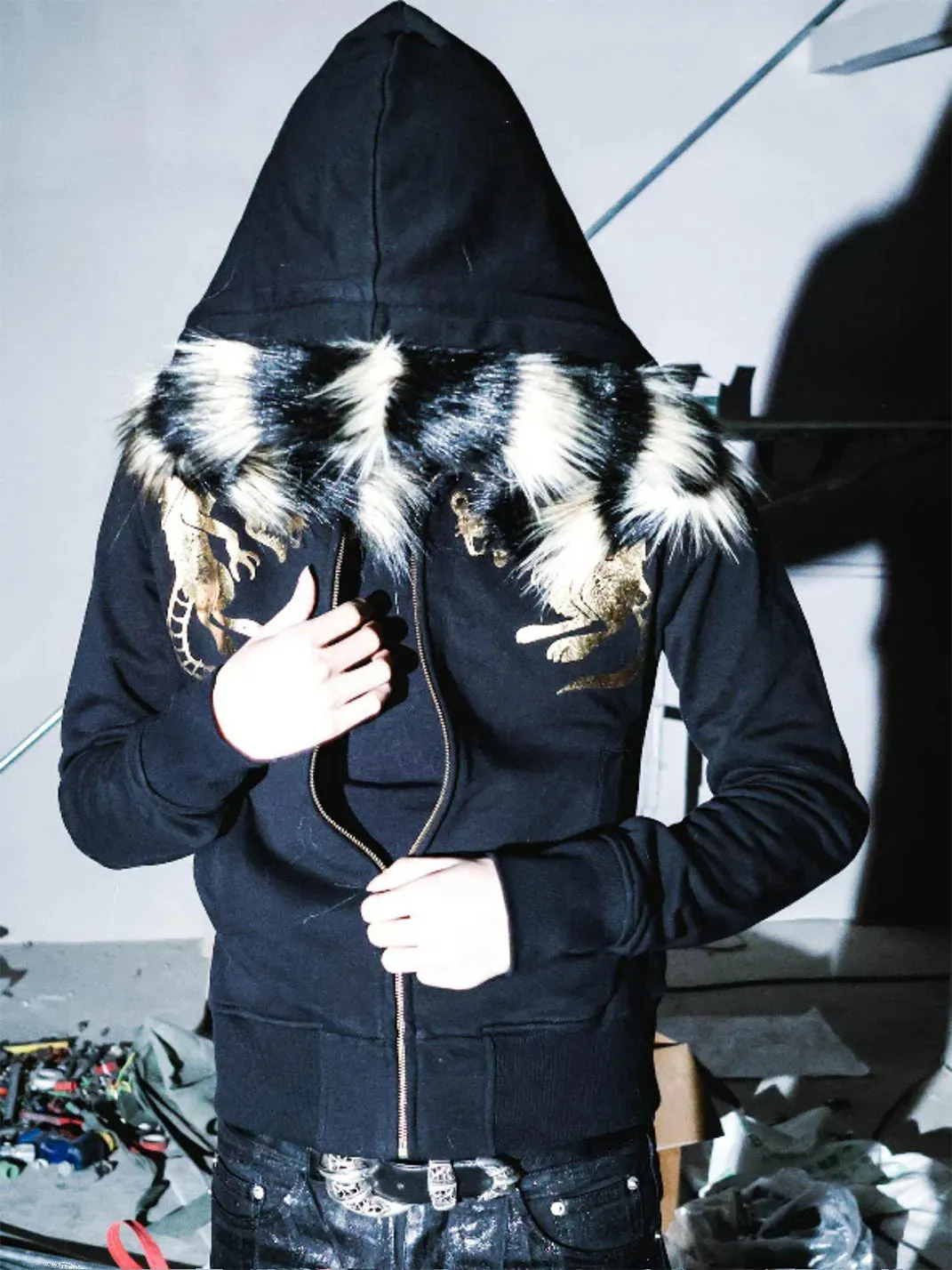 PCCVISION | Gold-Stamped Printed Fur Collar Hooded Sweatshirt