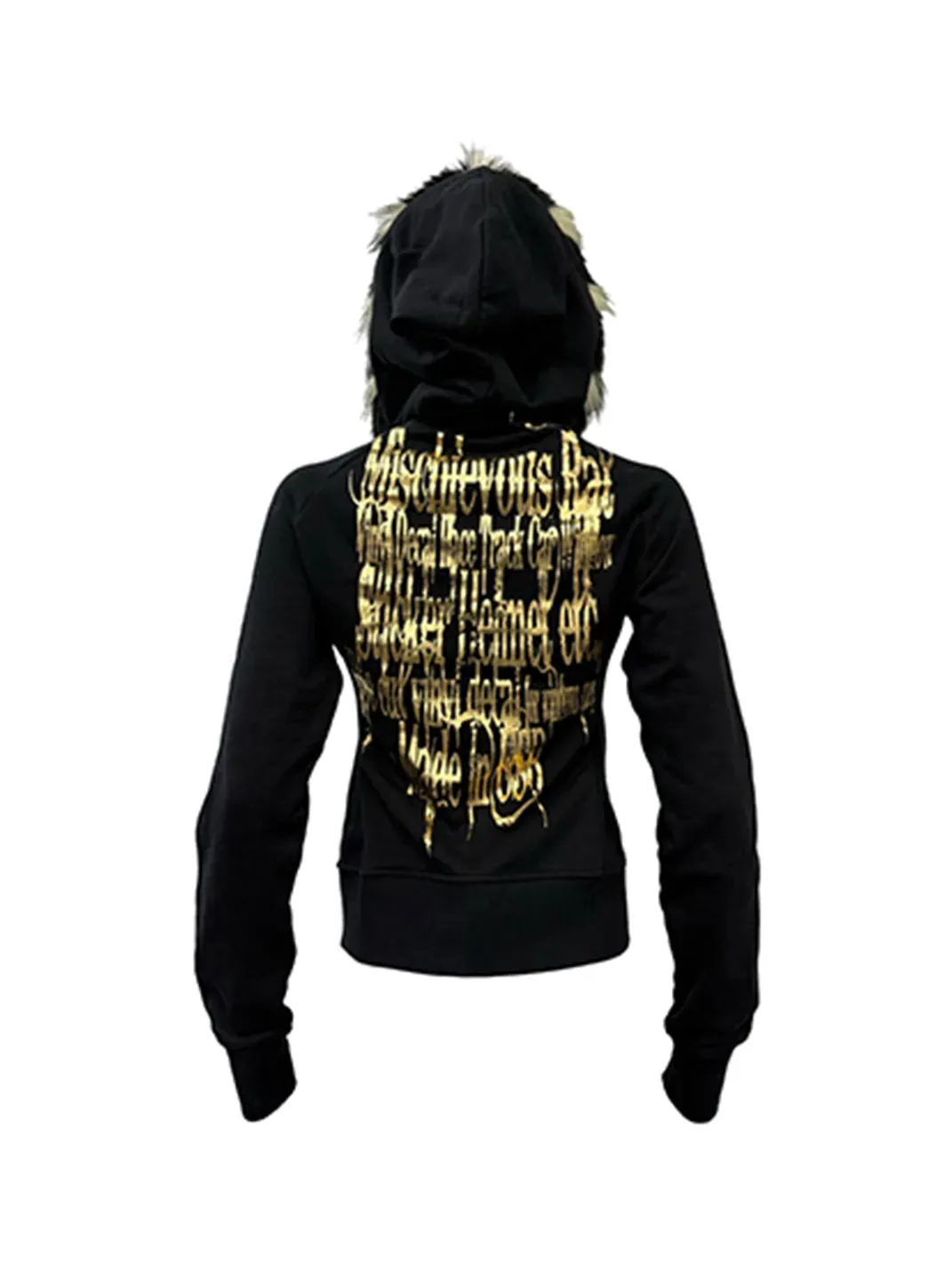PCCVISION | Gold-Stamped Printed Fur Collar Hooded Sweatshirt