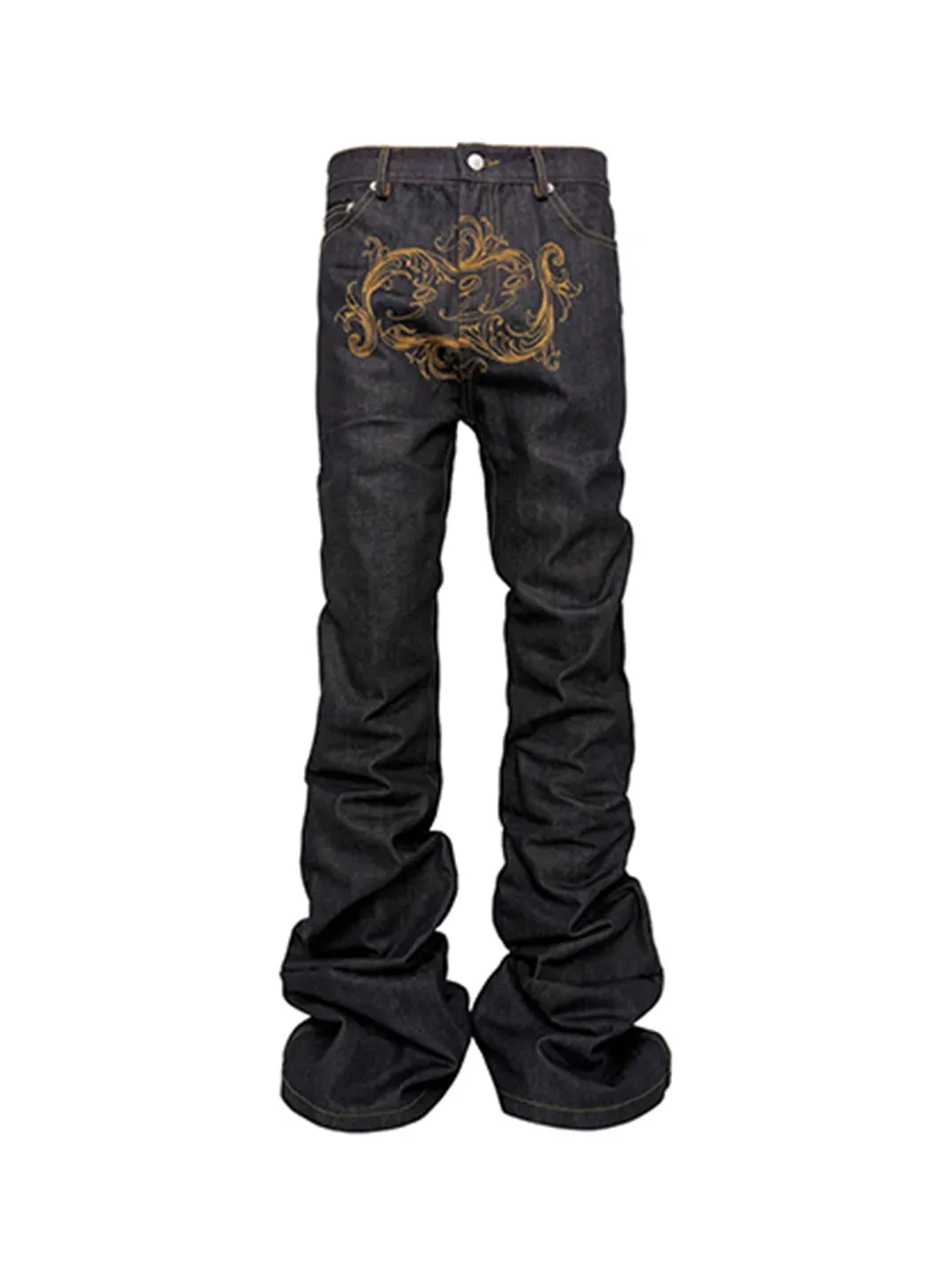 PCCVISION | Fold-Up Embroidered Raw Denim Jeans