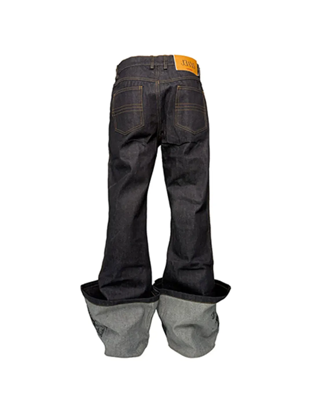 PCCVISION | Fold-Up Embroidered Raw Denim Jeans