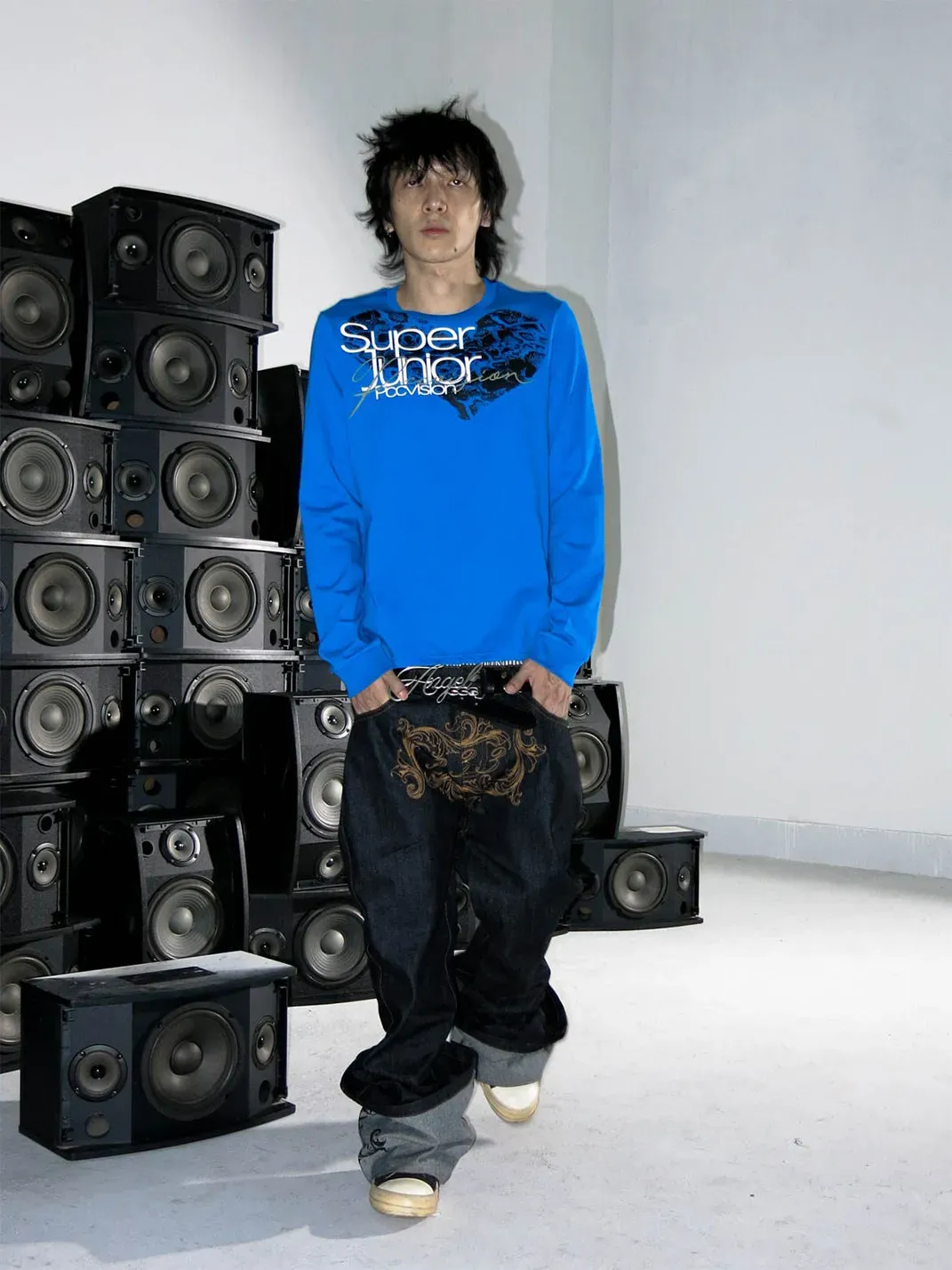 PCCVISION | Blue And Gray Two-Tone Printed Crew Neck T-Shirt