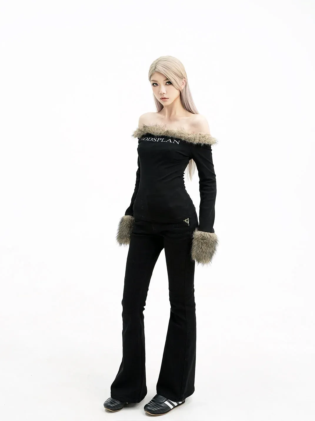 Gods plan | Furry Collar Long Sleeve Asymmetrical Shoulder Top