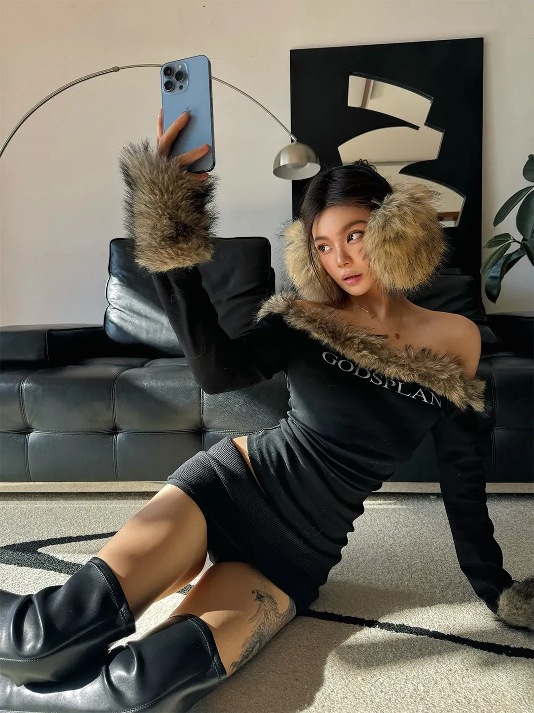 Gods plan | Furry Collar Long Sleeve Asymmetrical Shoulder Top