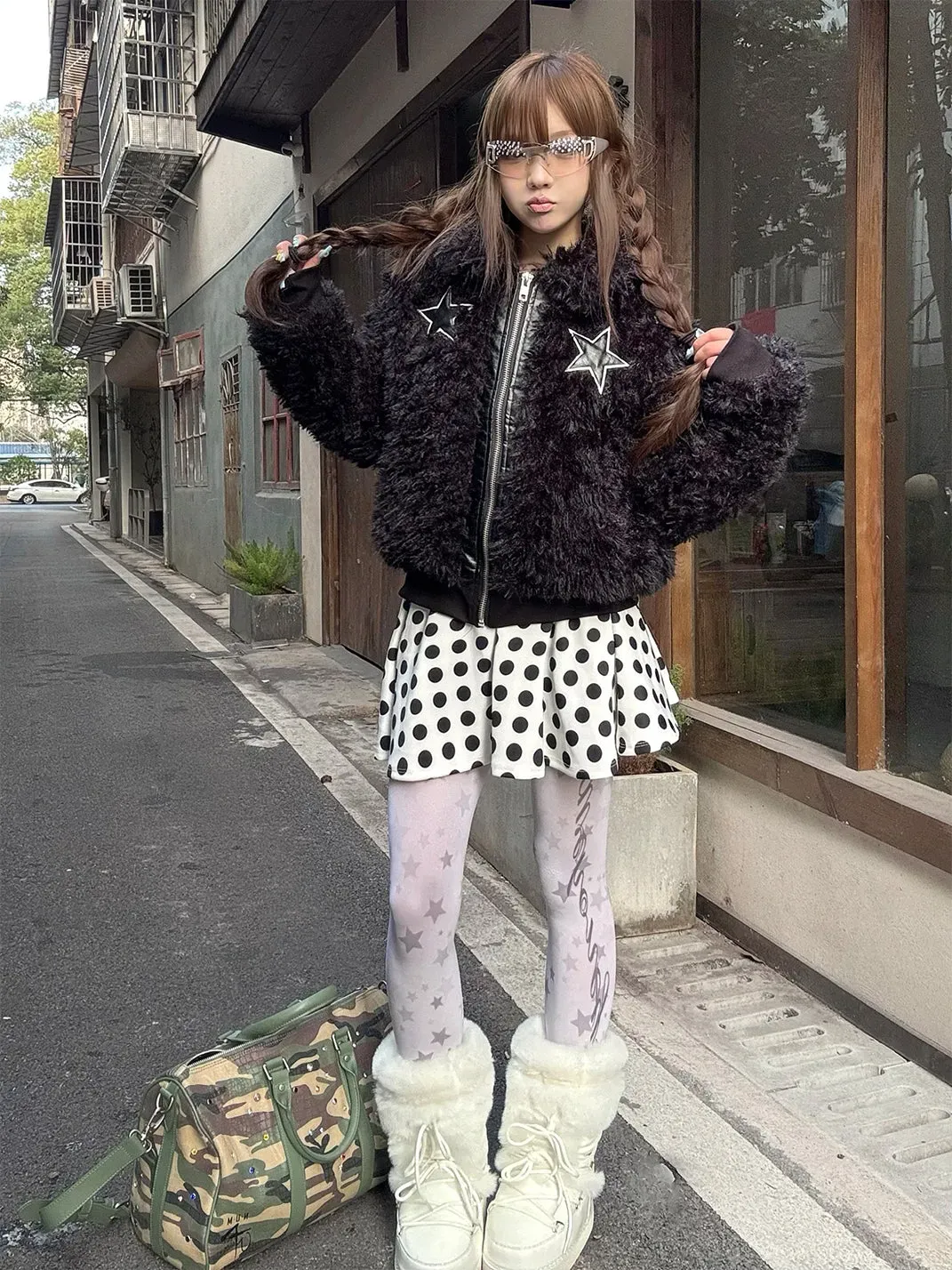 Gods plan | Stand Collar Leather Patchwork Star Faux Fur Cotton Padded Coat