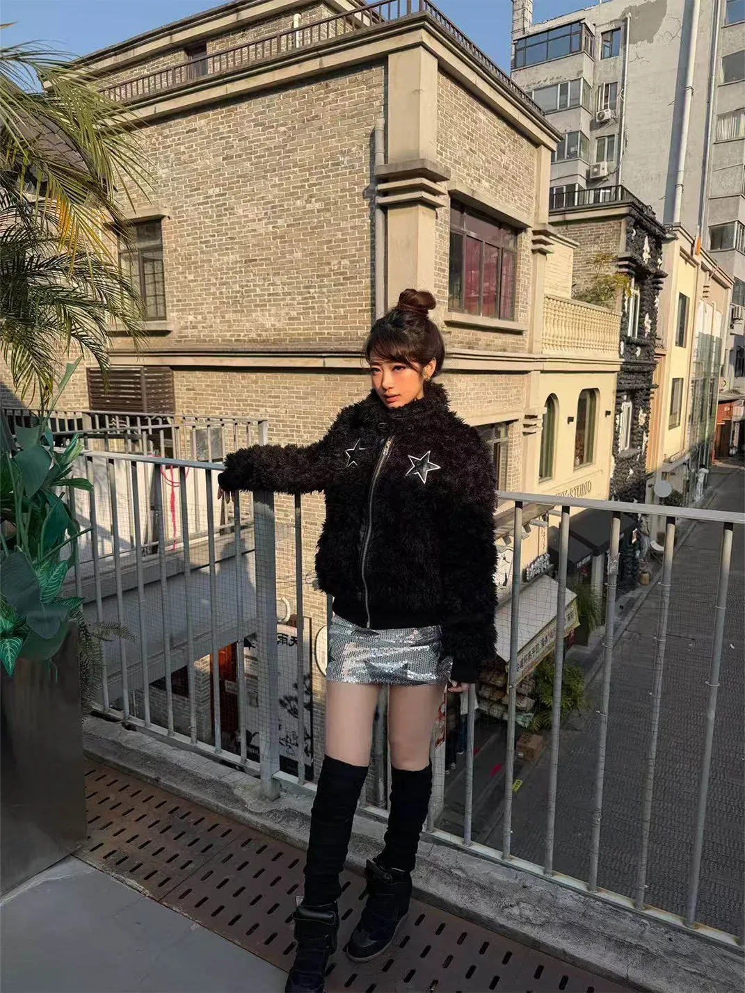 Gods plan | Stand Collar Leather Patchwork Star Faux Fur Cotton Padded Coat