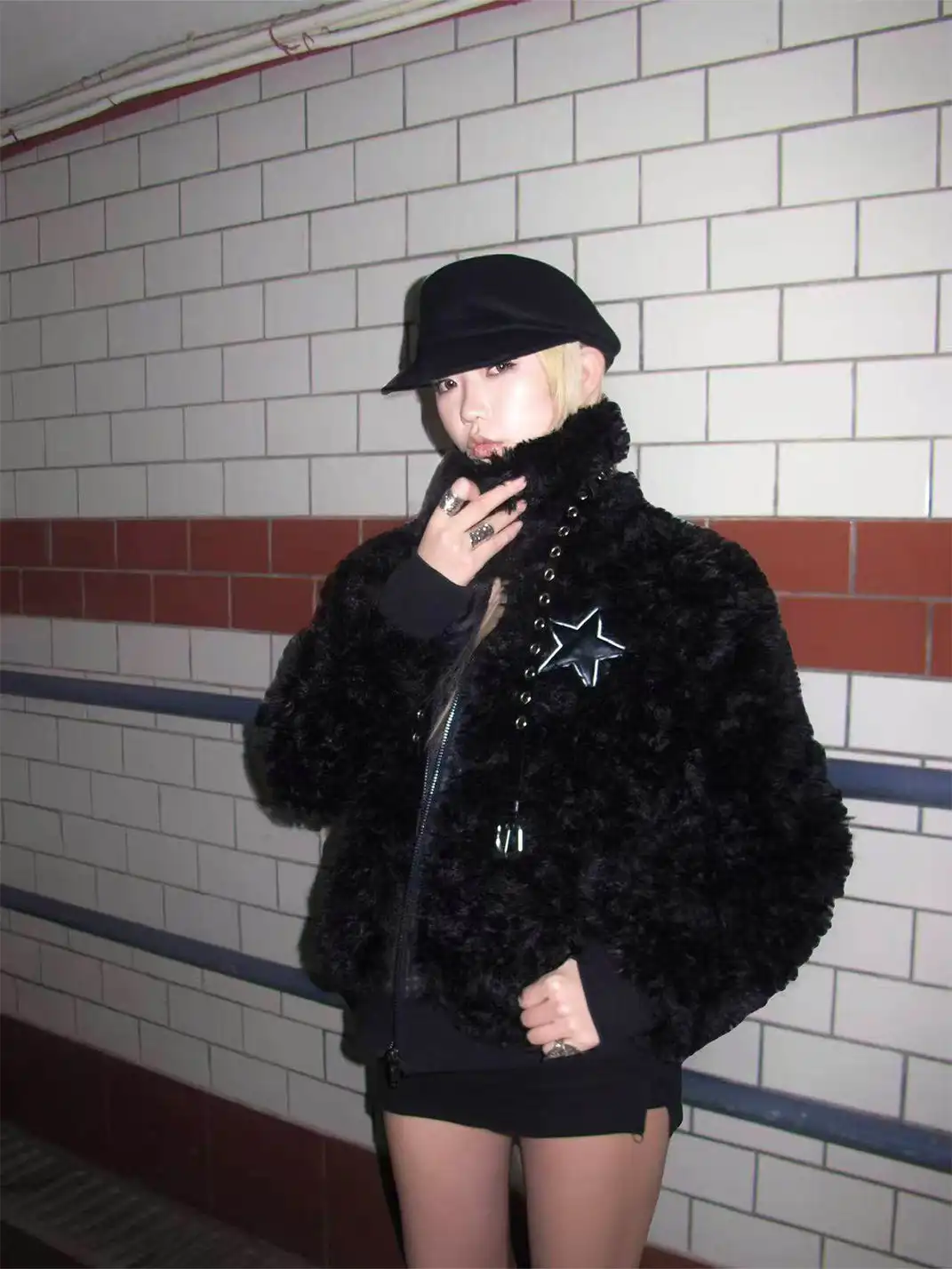 Gods plan | Stand Collar Leather Patchwork Star Faux Fur Cotton Padded Coat