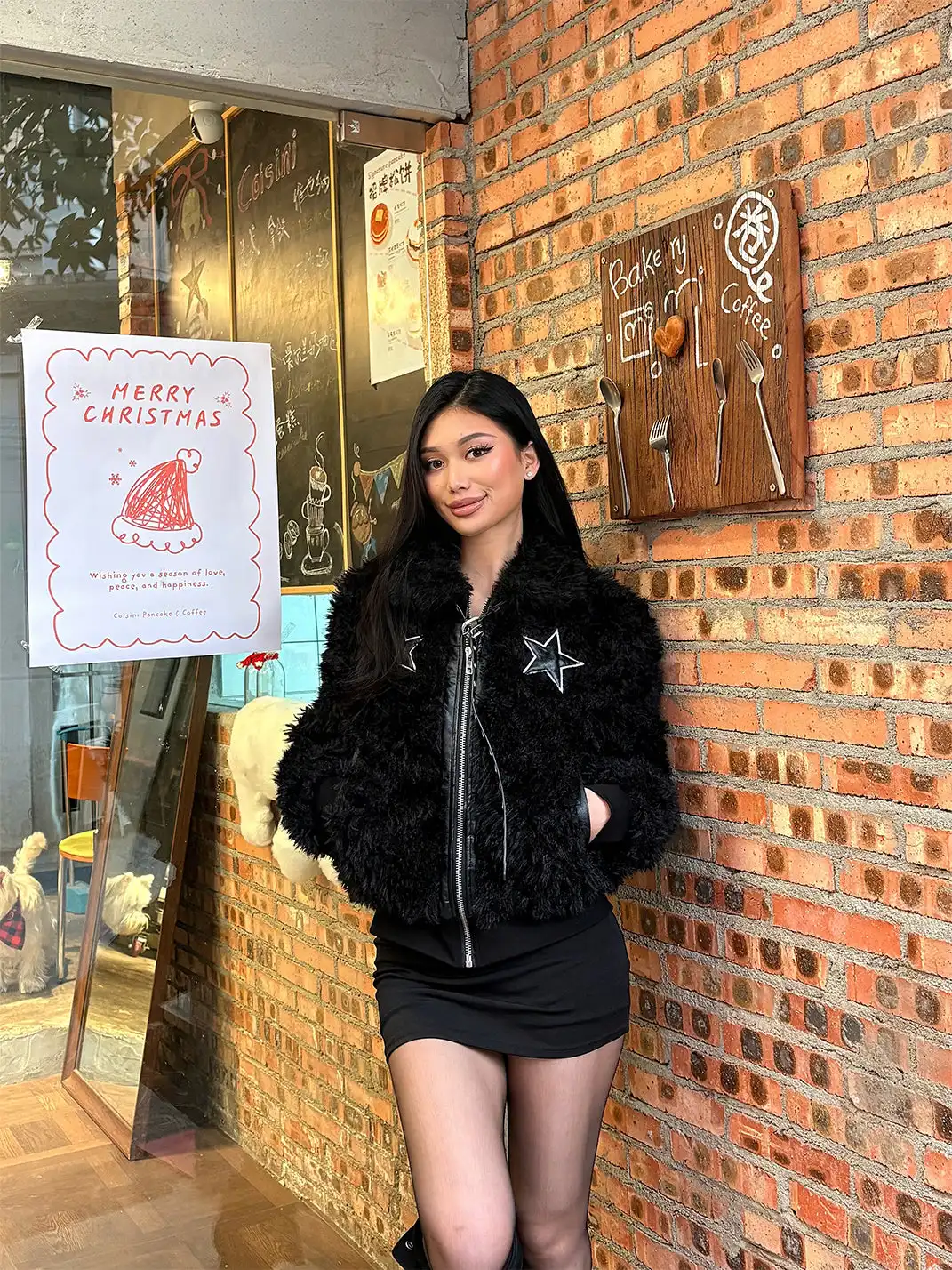 Gods plan | Stand Collar Leather Patchwork Star Faux Fur Cotton Padded Coat