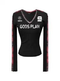Gods plan | Plaid Patchwork V-neck Long Sleeve Top