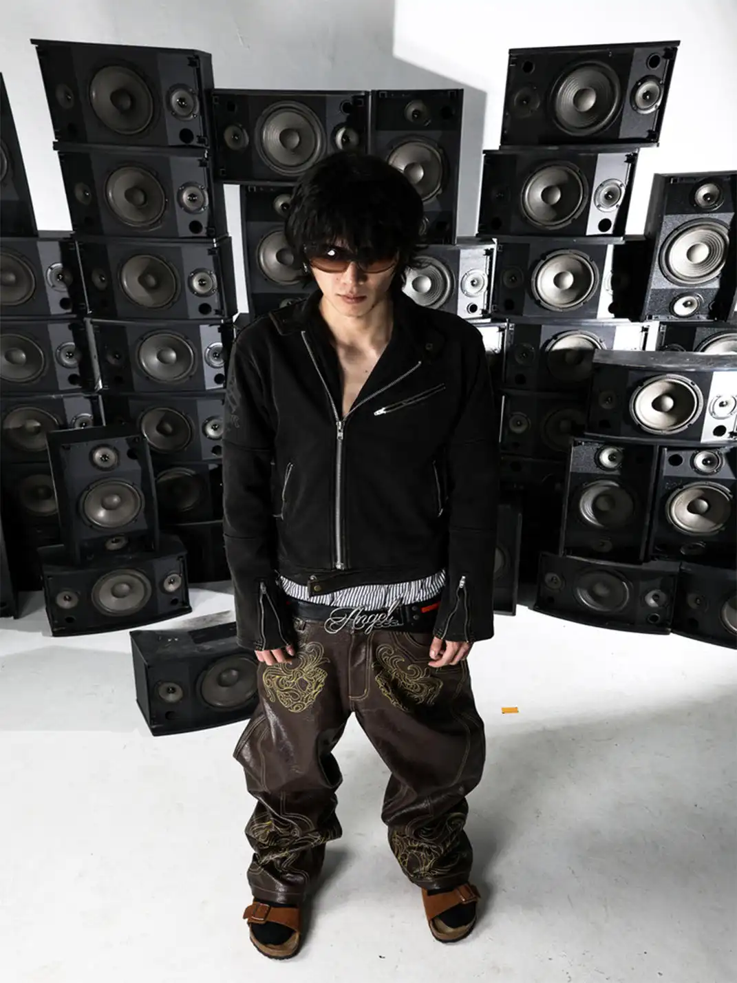PCCVISION | Textured Skull Straight-Leg Leather Pants
