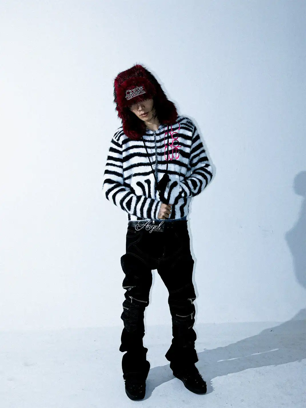 PCCVISION | Zebra-Print Fur Zip-Up Hoodie