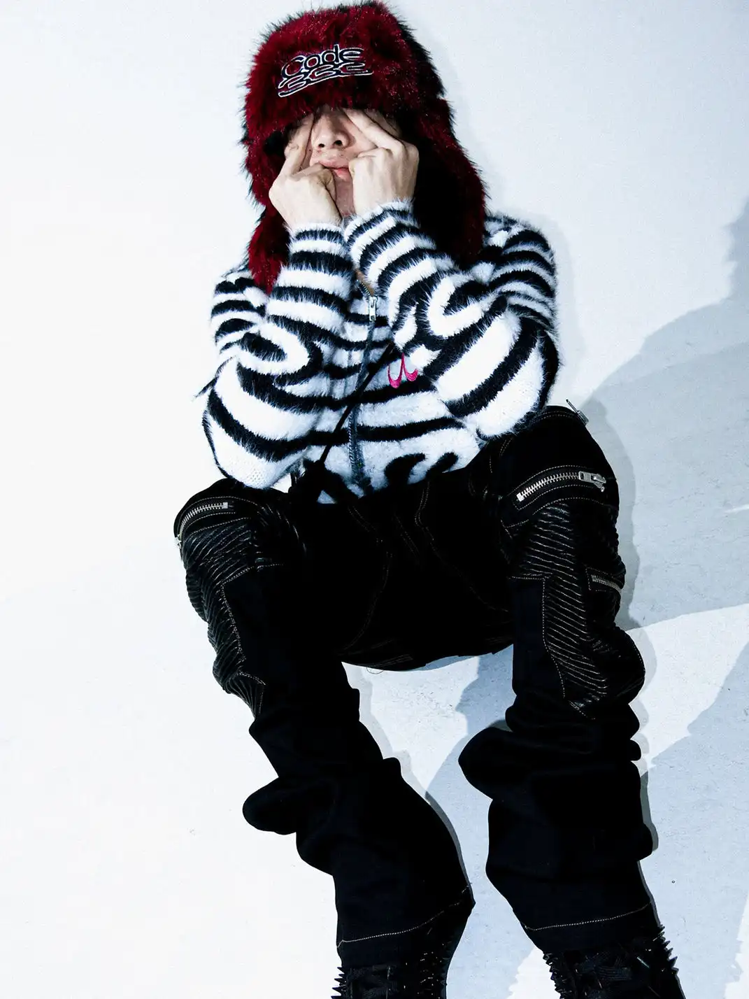 PCCVISION | Zebra-Print Fur Zip-Up Hoodie