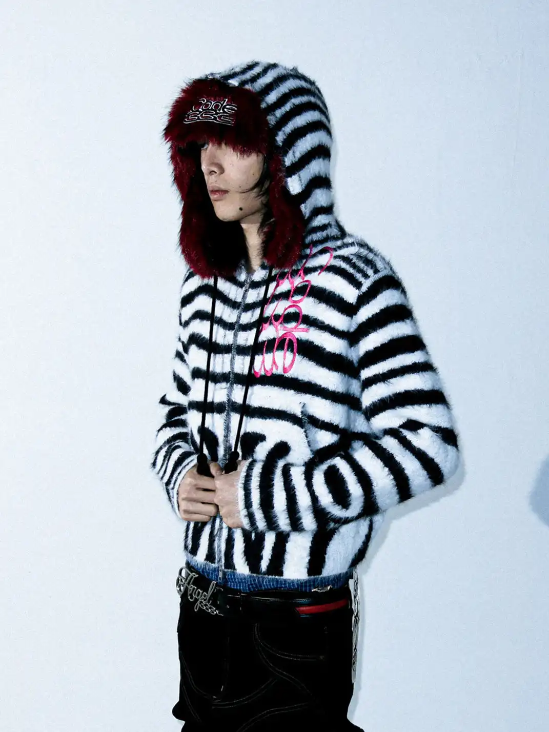 PCCVISION | Zebra-Print Fur Zip-Up Hoodie