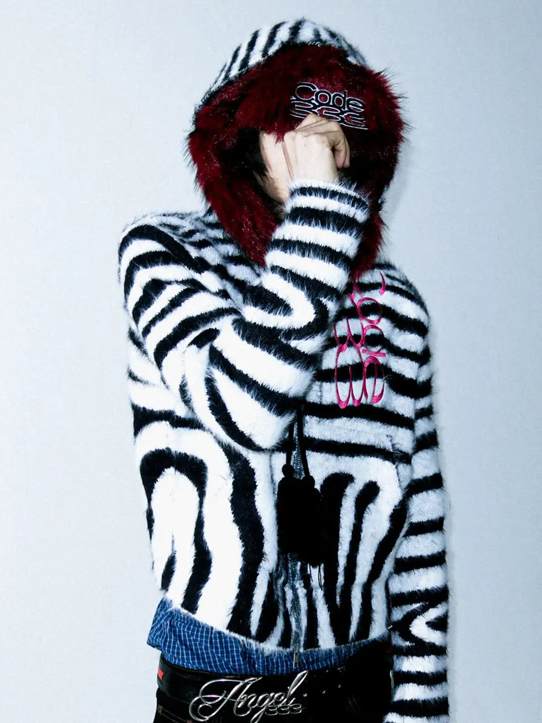 PCCVISION | Zebra-Print Fur Zip-Up Hoodie