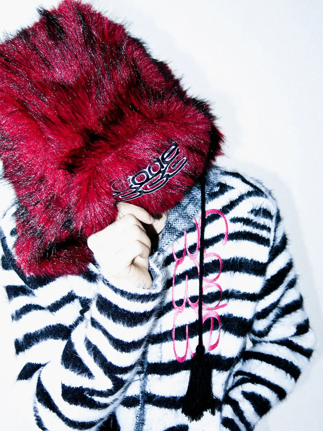 PCCVISION | Zebra-Print Fur Zip-Up Hoodie