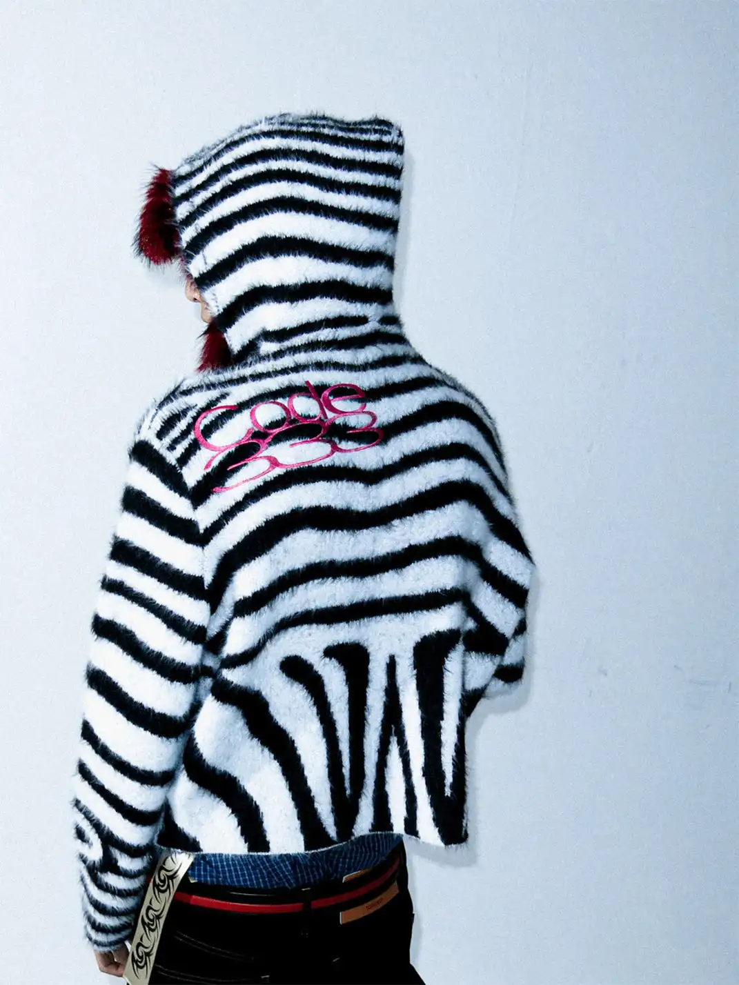 PCCVISION | Zebra-Print Fur Zip-Up Hoodie