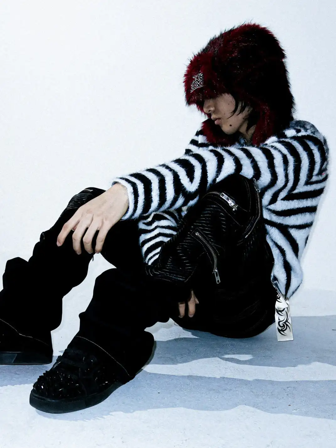 PCCVISION | Zebra-Print Fur Zip-Up Hoodie