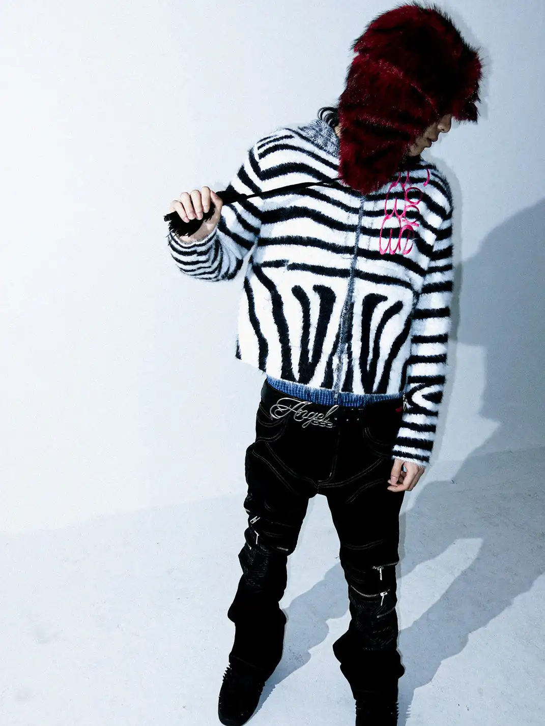 PCCVISION | Zebra-Print Fur Zip-Up Hoodie