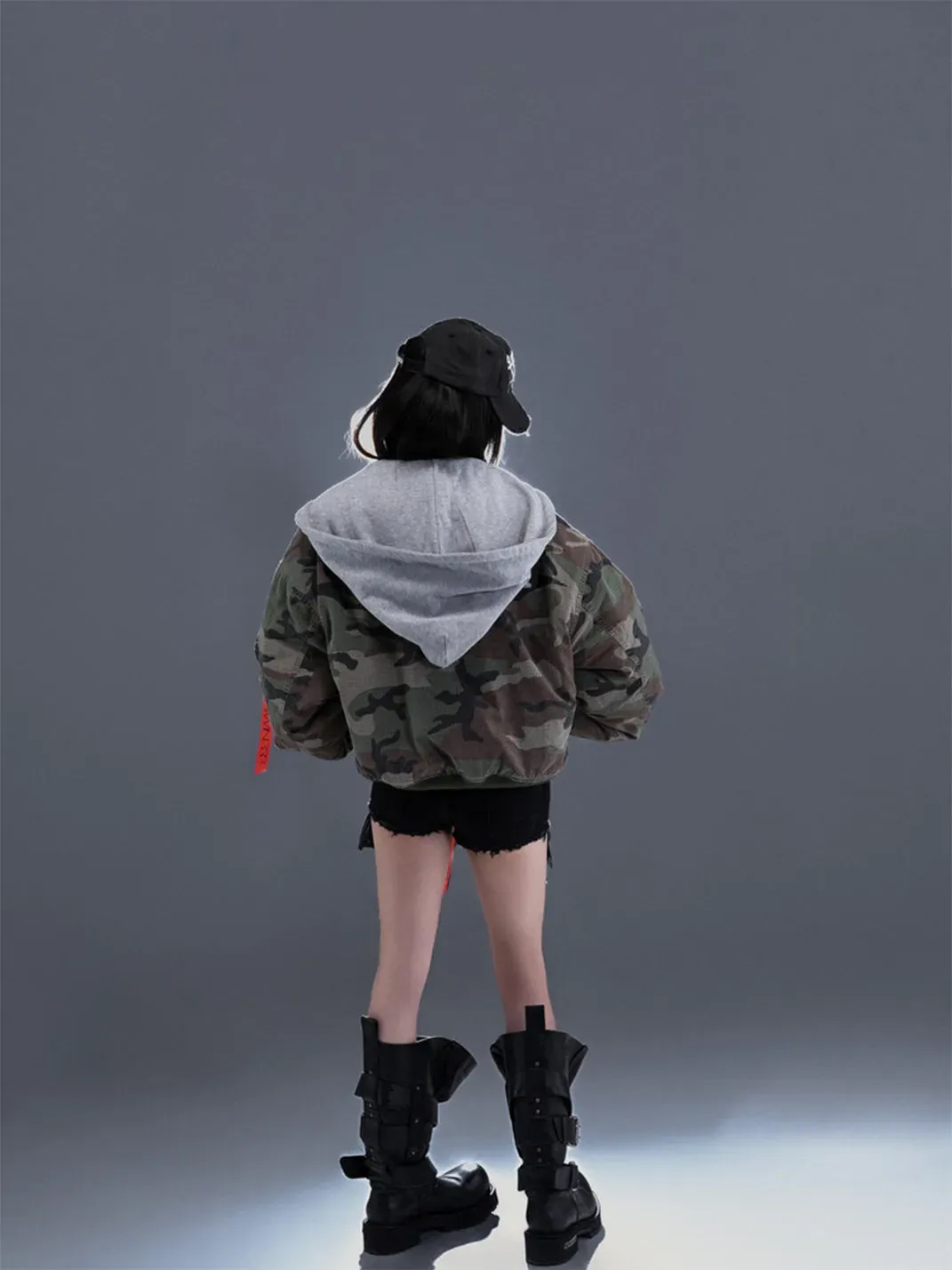 PCCVISION | Distressed Hooded Printed Bomber Jacket