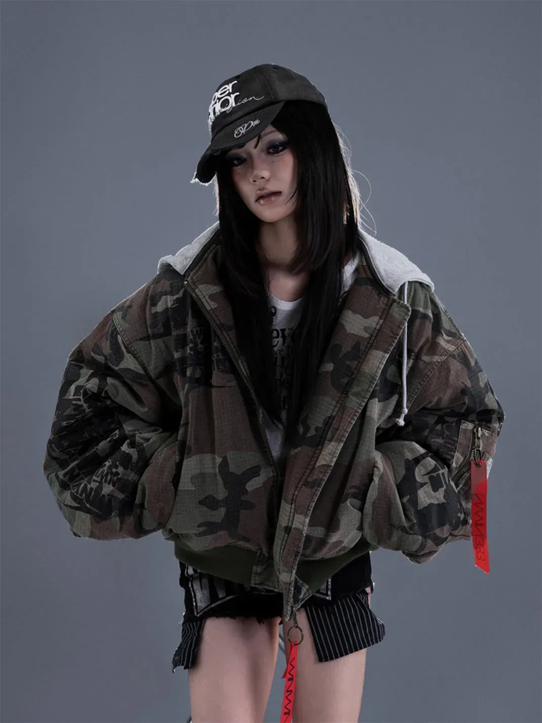 PCCVISION | Distressed Hooded Printed Bomber Jacket