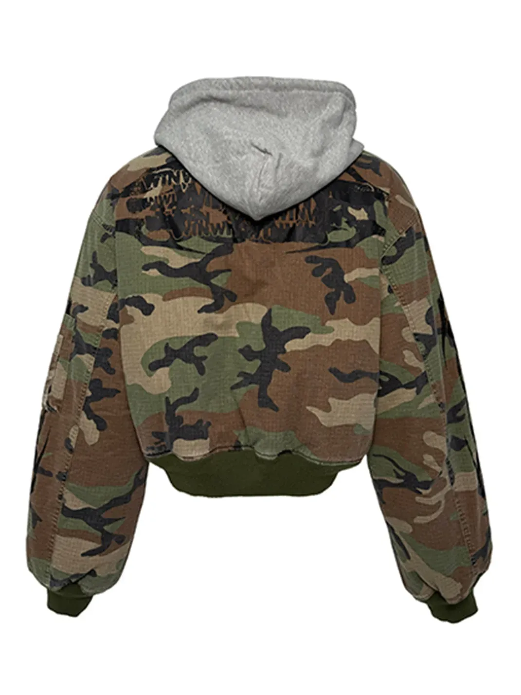 PCCVISION | Distressed Hooded Printed Bomber Jacket
