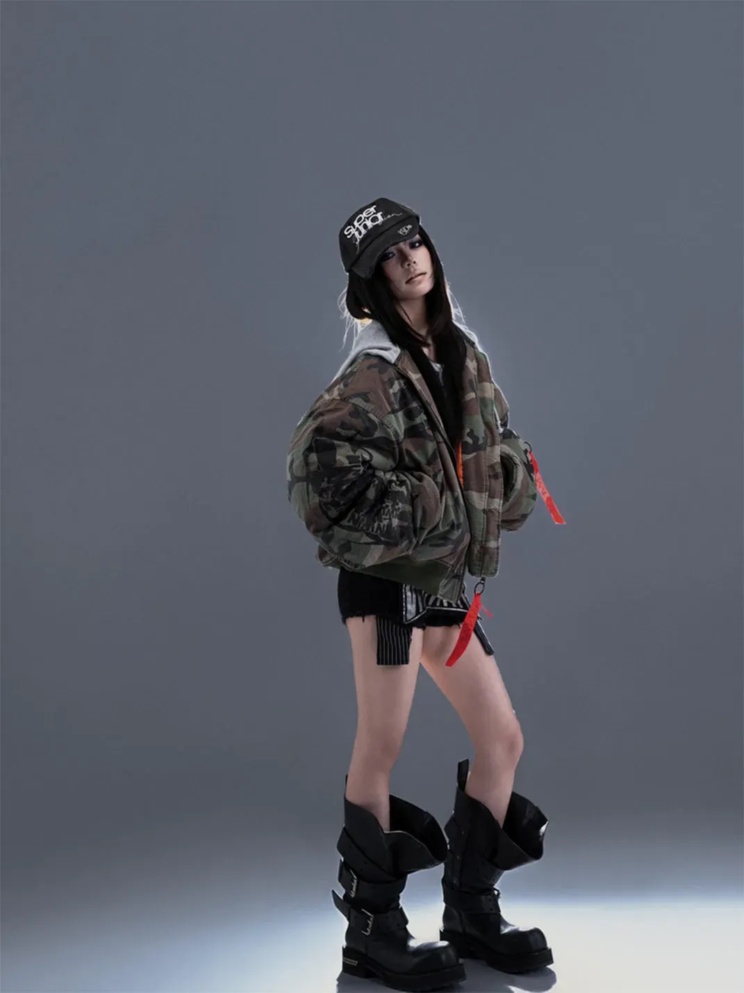PCCVISION | Distressed Hooded Printed Bomber Jacket