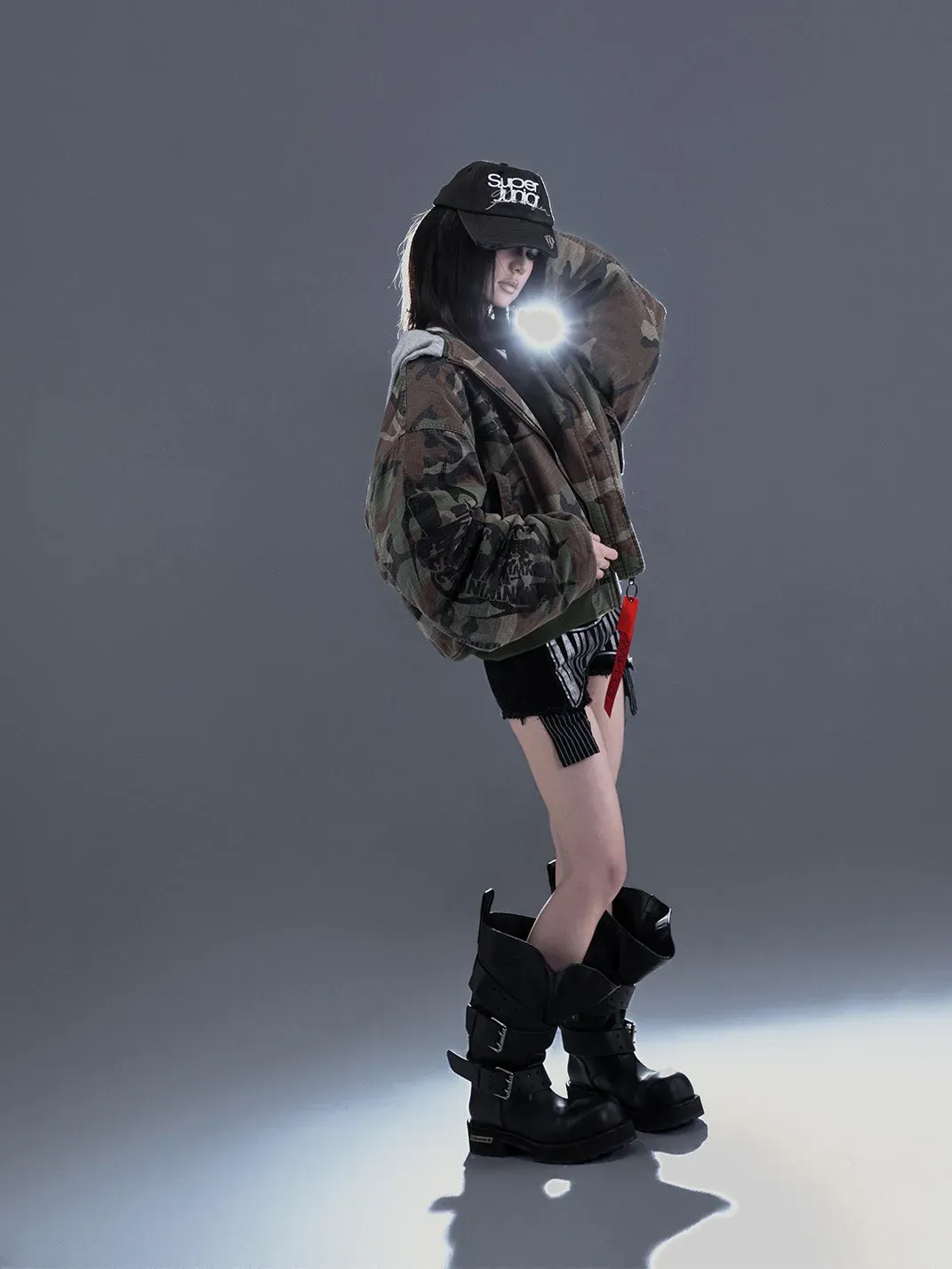 PCCVISION | Distressed Hooded Printed Bomber Jacket