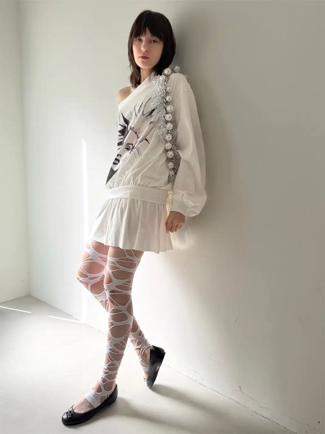 nodress | Punk Spiky Print Off-Shoulder Dress-White