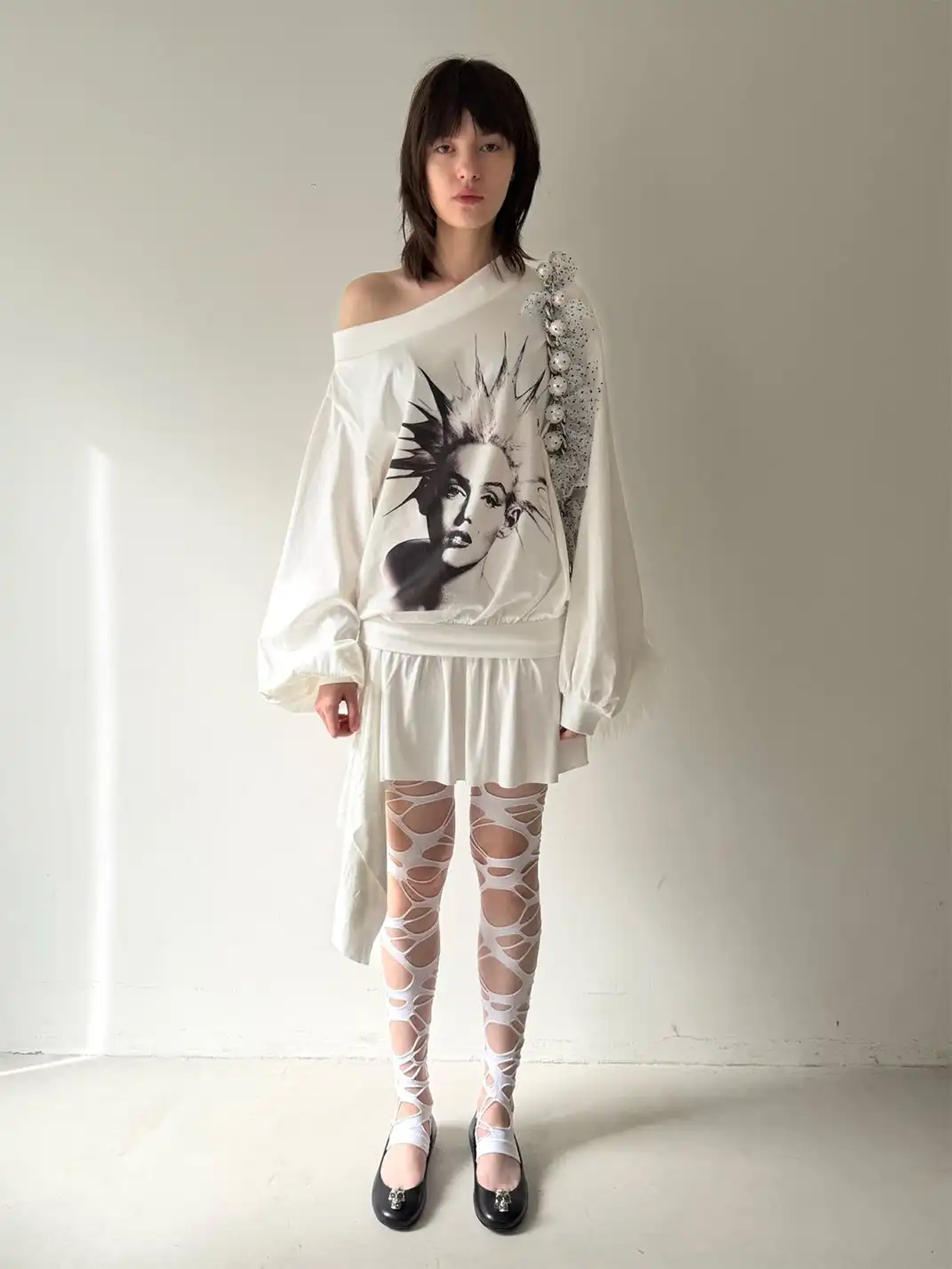 nodress | Punk Spiky Print Off-Shoulder Dress-White