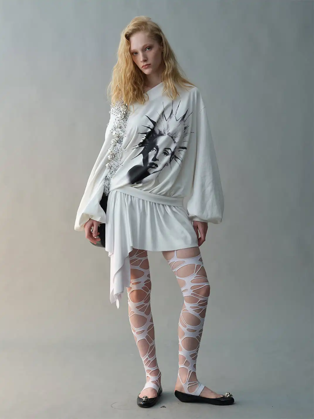 nodress | Punk Spiky Print Off-Shoulder Dress-White