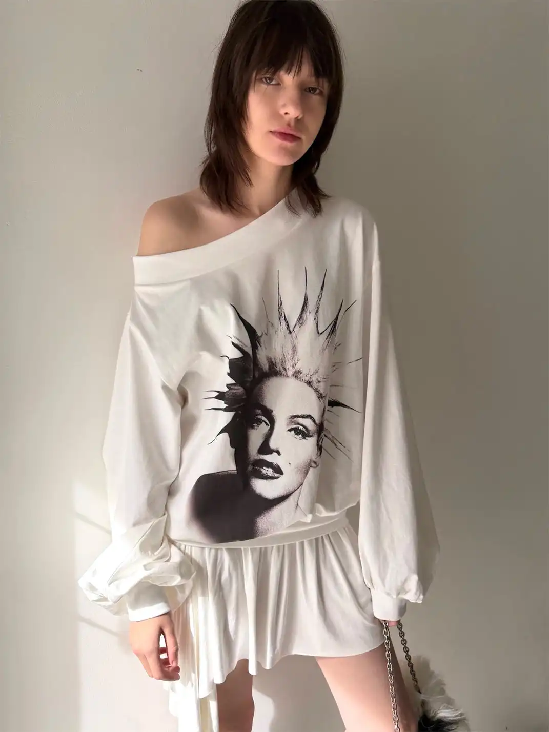 nodress | Punk Spiky Print Off-Shoulder Dress-White
