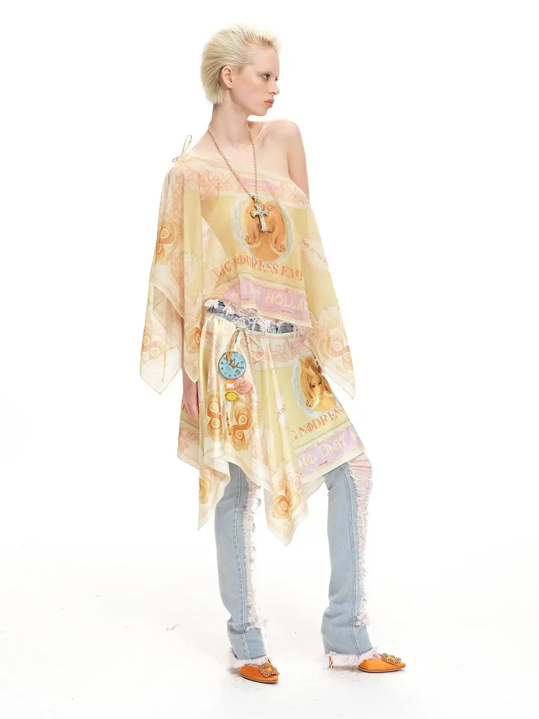 nodress | Banknote Print Chiffon Off-Shoulder Top