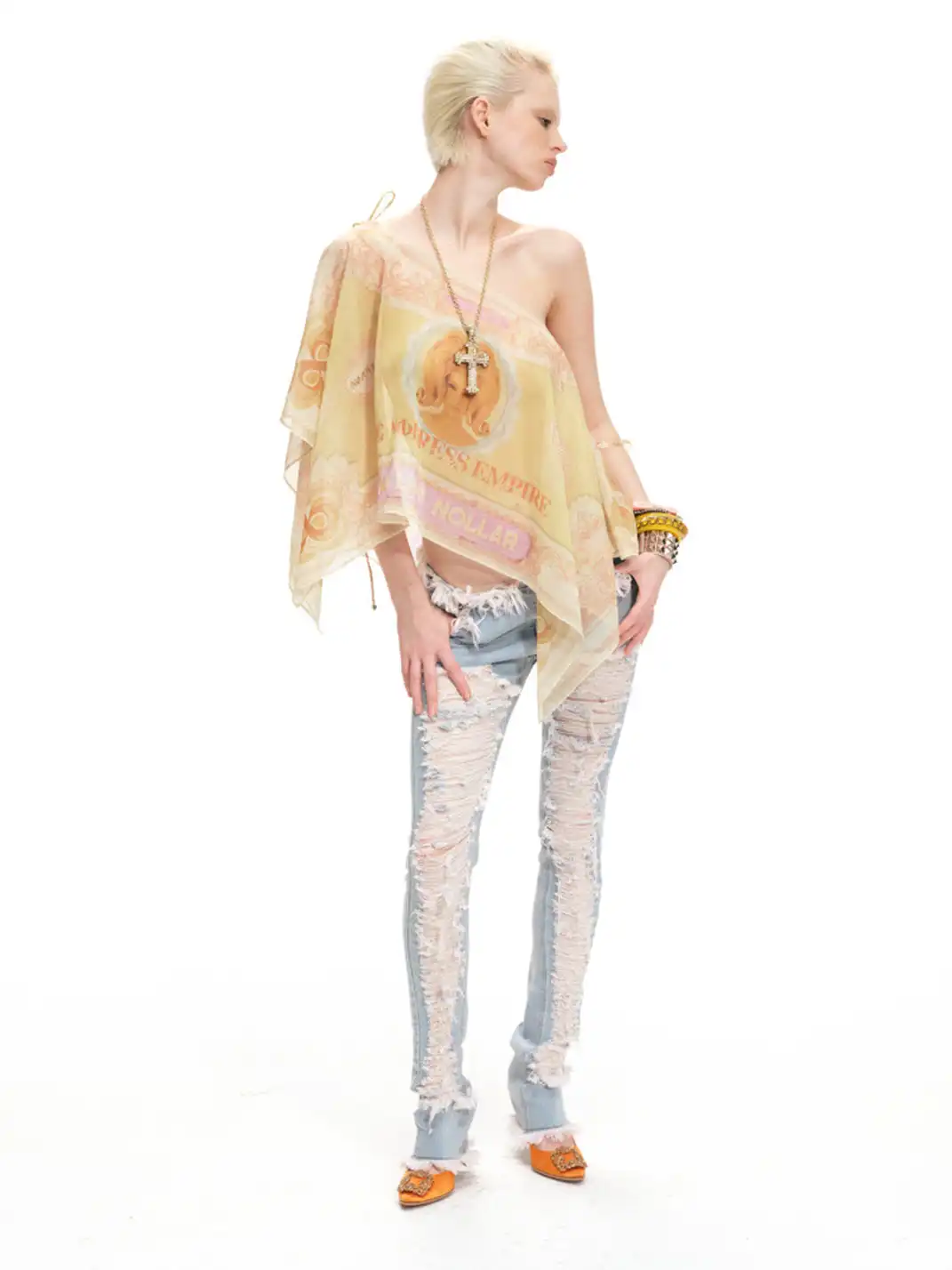 nodress | Banknote Print Chiffon Off-Shoulder Top