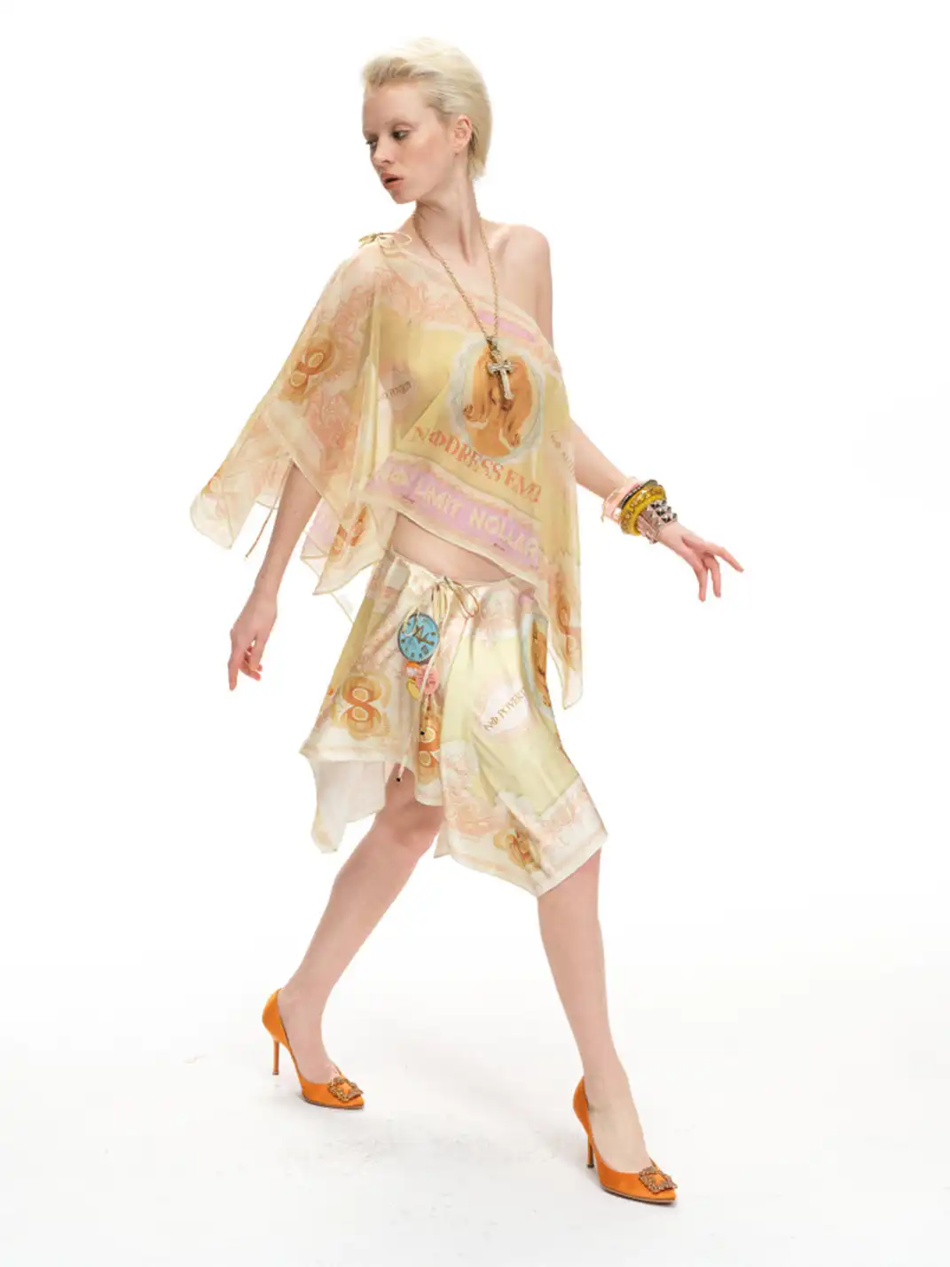 nodress | Banknote Print Chiffon Off-Shoulder Top
