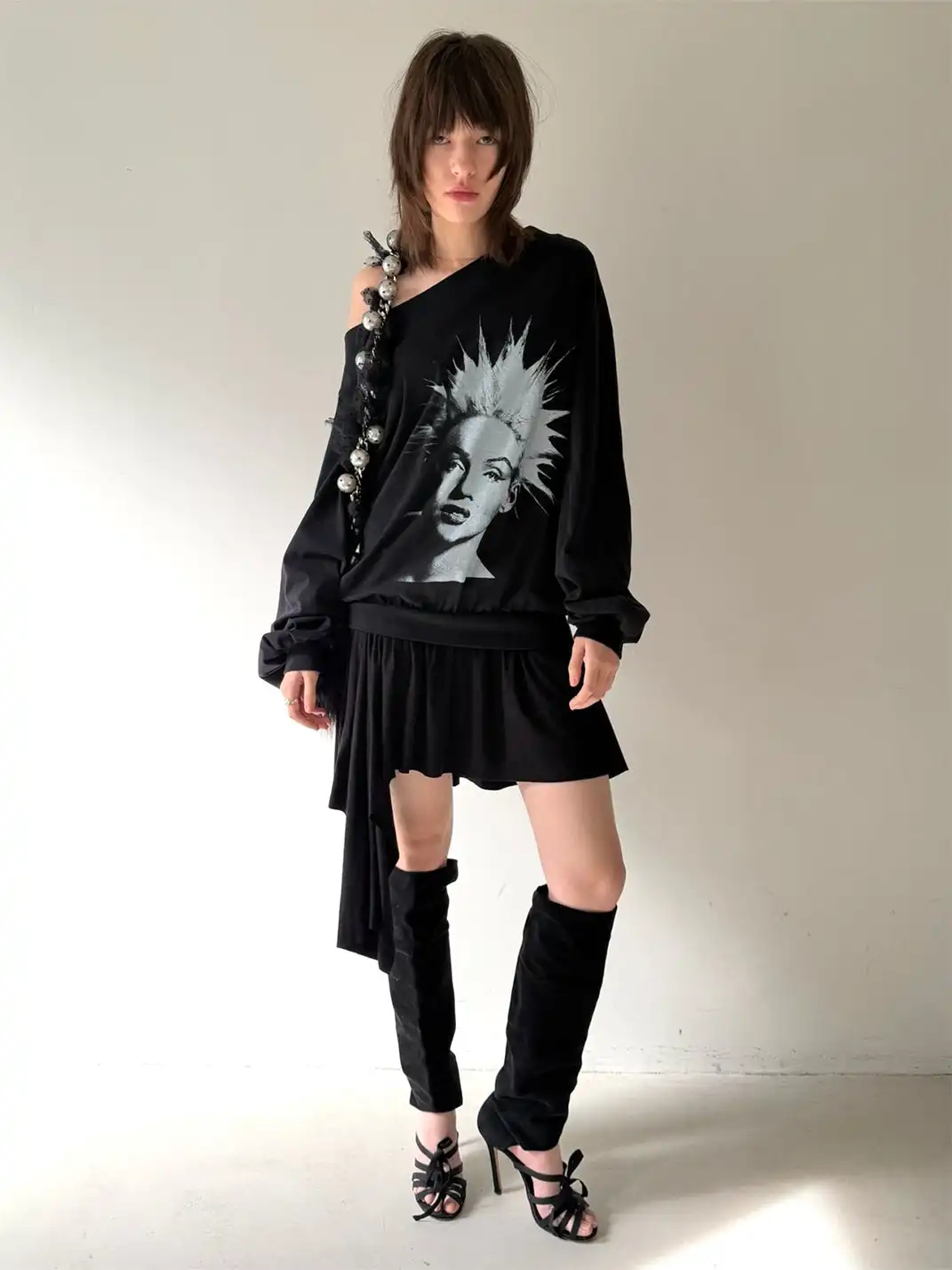 nodress | Punk Spiky Print Off-Shoulder Dress-Black
