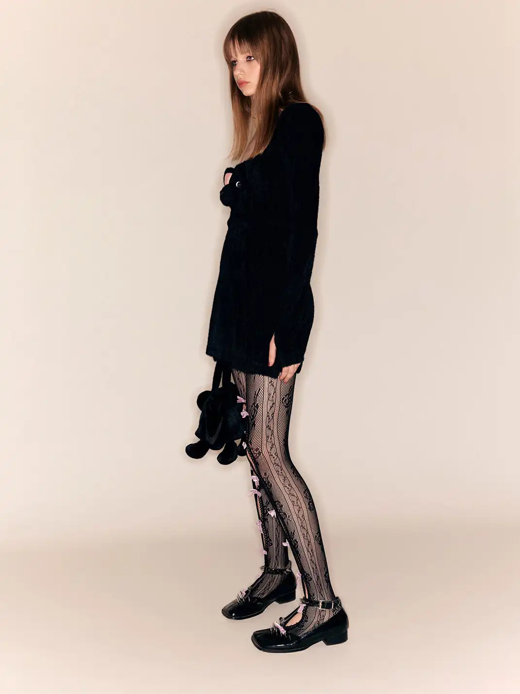 nodress | Lace-Patterned Mesh Bow Pantyhose